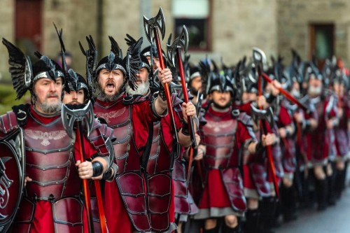 LERWICK, SCOTLAND - JANUARY 31: Members of Guizer Jarl Neil Moncrieff's squad during the morning pro